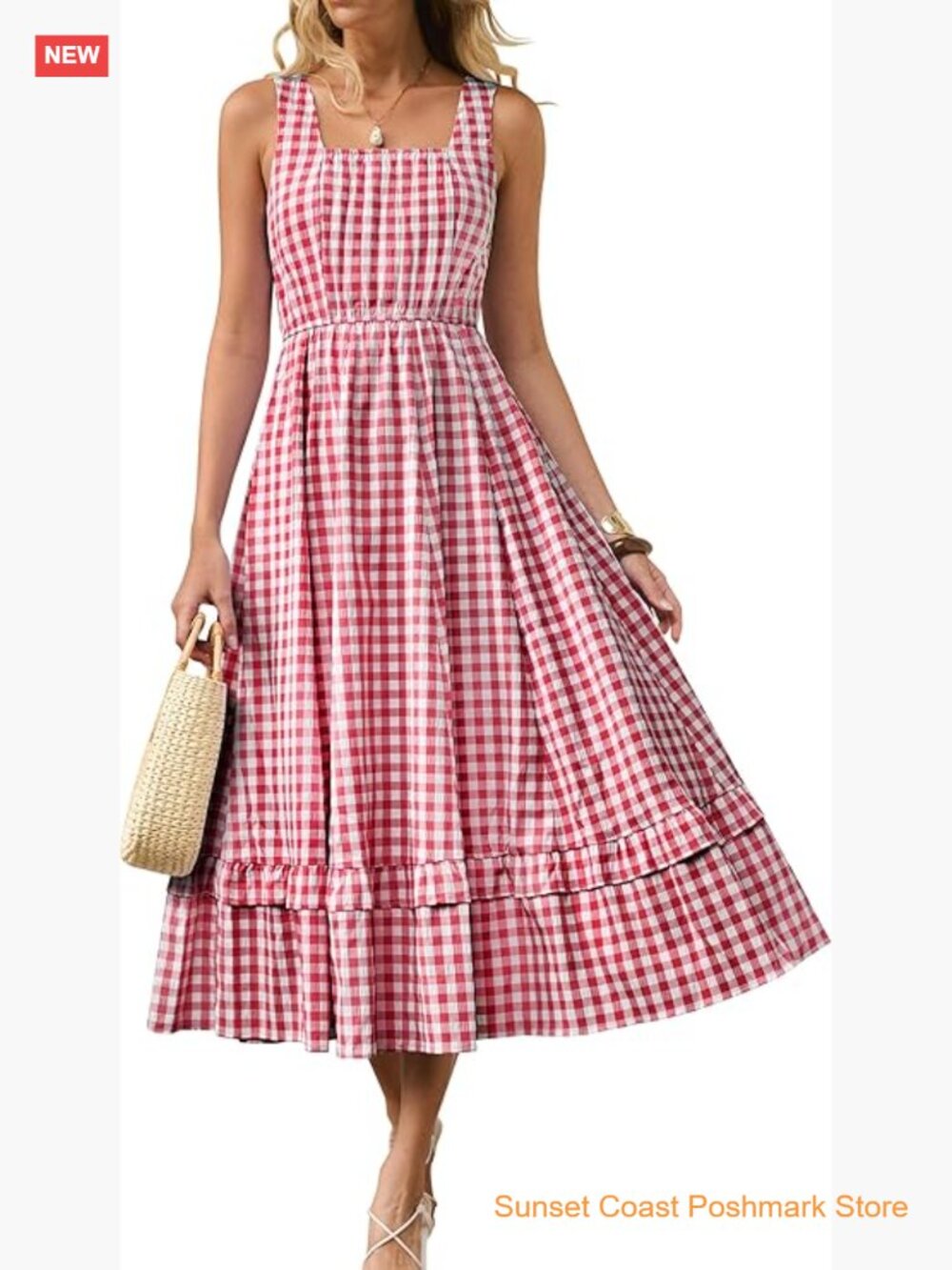 Sleeveless Square Neck Gingham Plaid Midi Dress with Pockets